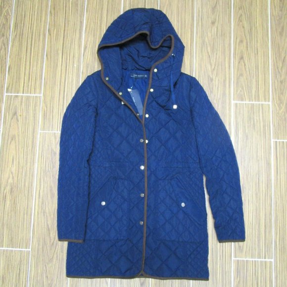 Zara Navy Quilted Puffer Jacket with Brown Trim - Picture 2 of 13